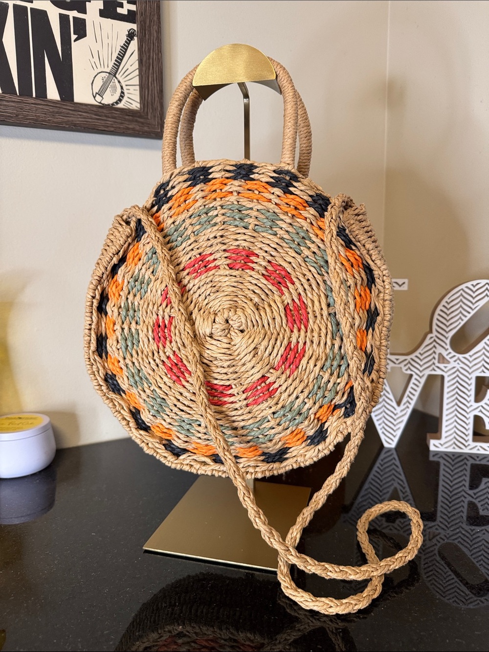 Woven Round Straw Crossbody Bag - Natural with Orange, Red & Teal Accents